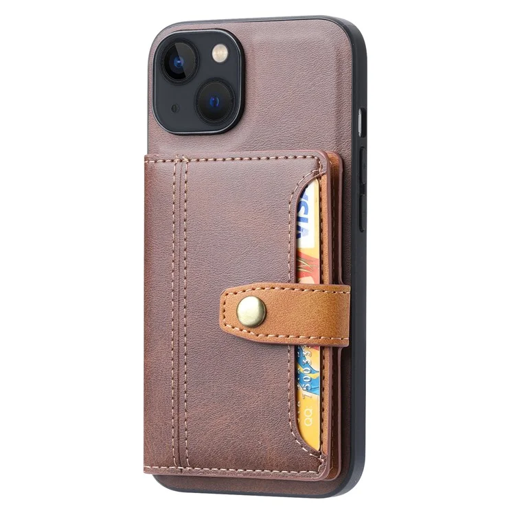 For iPhone 15 Plus Kickstand Card Holder Phone Case Calf Texture PU Leather + TPU Anti-Scratch Cover - Brown