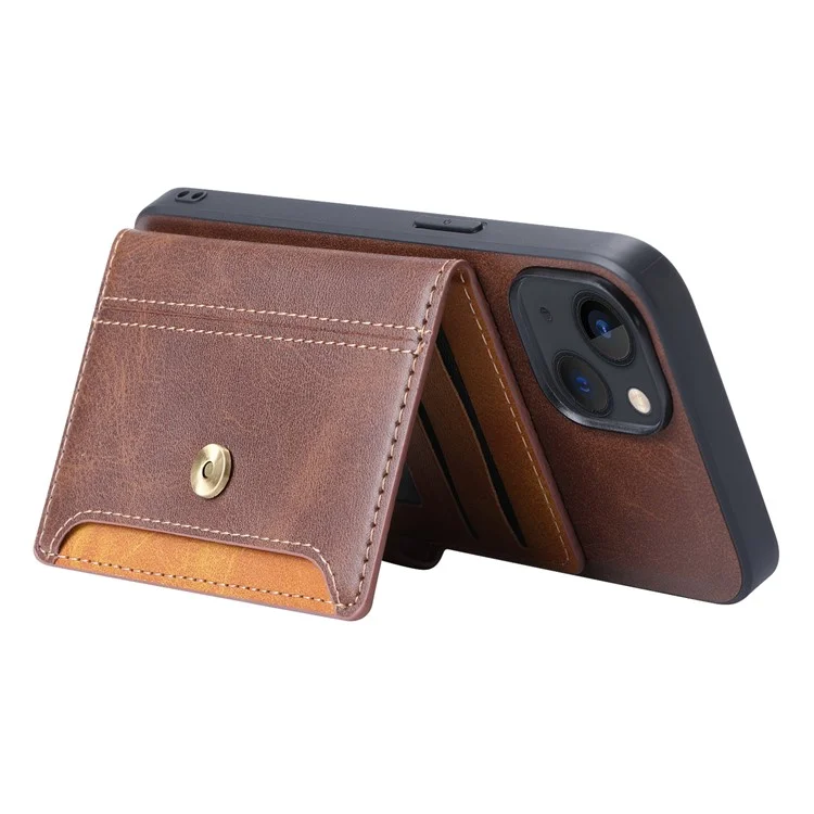 For iPhone 15 Plus Kickstand Card Holder Phone Case Calf Texture PU Leather + TPU Anti-Scratch Cover - Brown