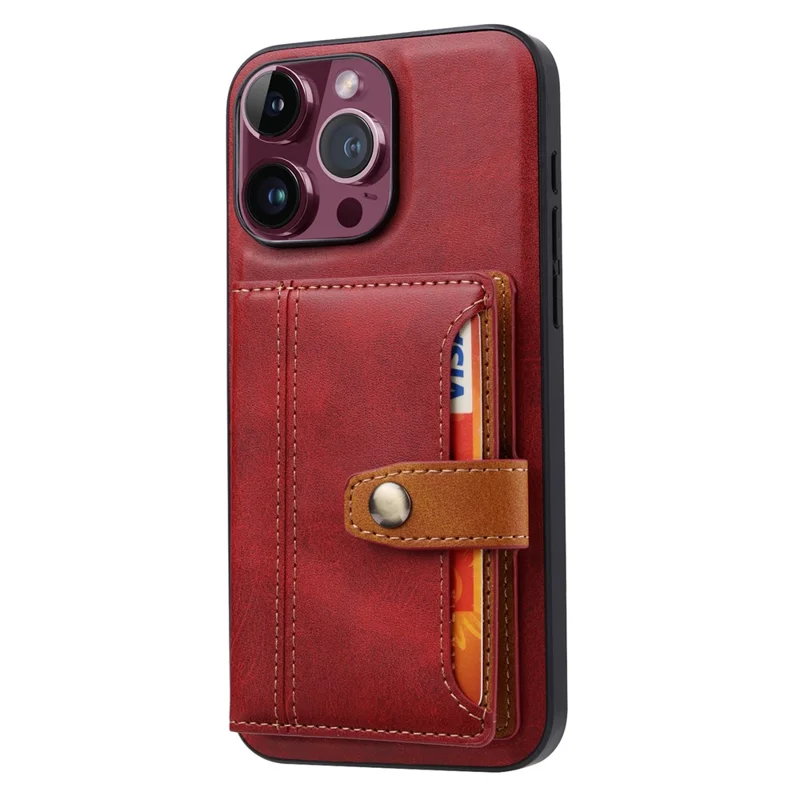 For iPhone 15 Pro Max Calf Texture Phone Case Card Slots Kickstand PU Leather Coated TPU Back Cover - Red