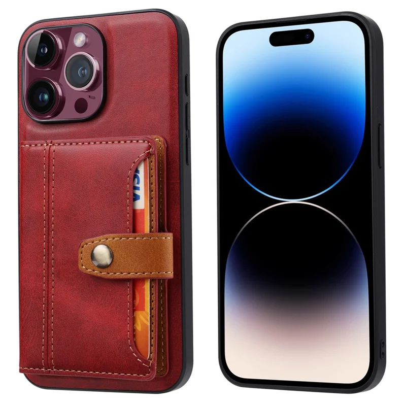 For iPhone 15 Pro Max Calf Texture Phone Case Card Slots Kickstand PU Leather Coated TPU Back Cover - Red