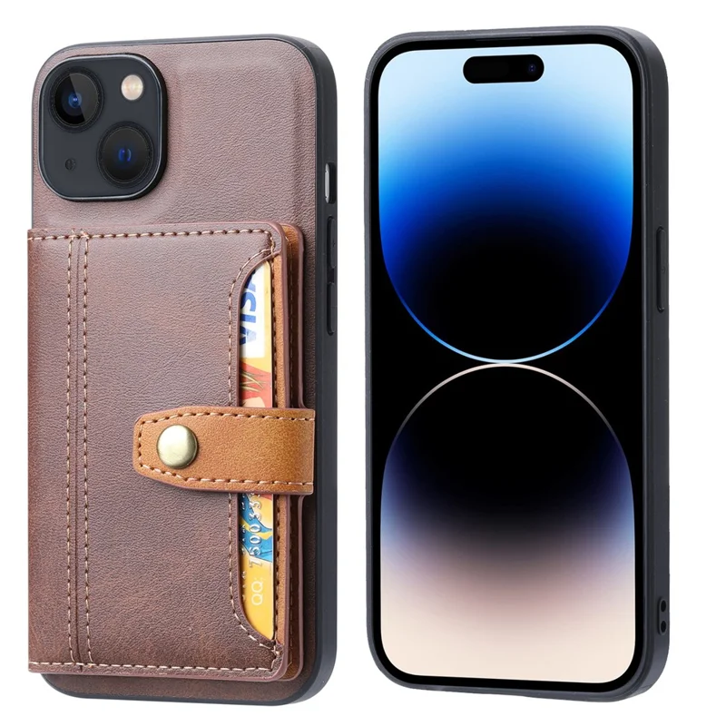 Para iPhone 15 Calf Texture Card Holder Kickstand Phone Case PU Leather Coated TPU Anti-fall Cover - Brown
