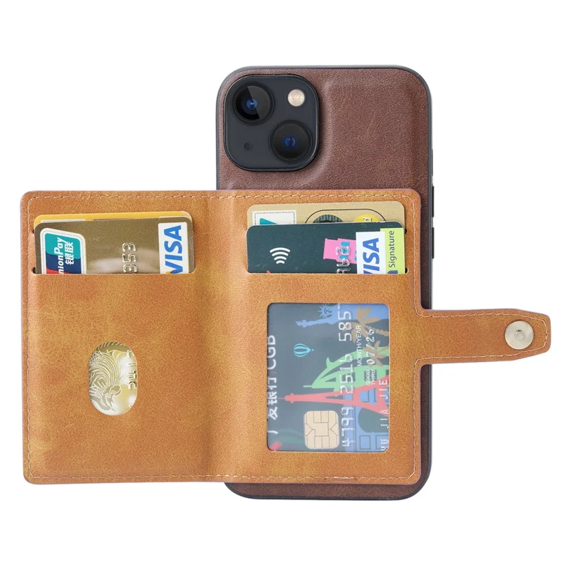 Para iPhone 15 Calf Texture Card Holder Kickstand Phone Case PU Leather Coated TPU Anti-fall Cover - Brown