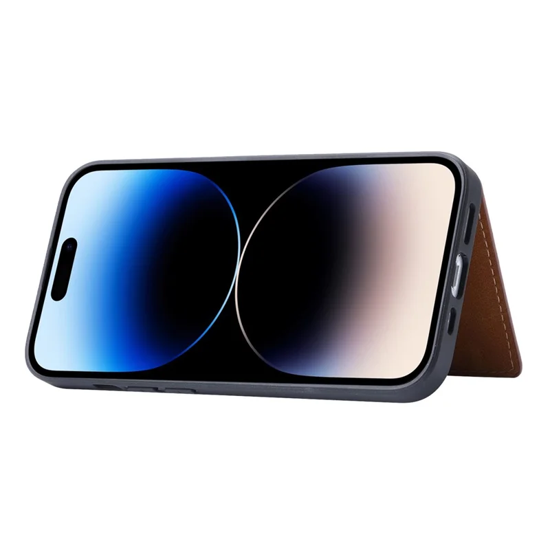 Para iPhone 15 Calf Texture Card Holder Kickstand Phone Case PU Leather Coated TPU Anti-fall Cover - Brown