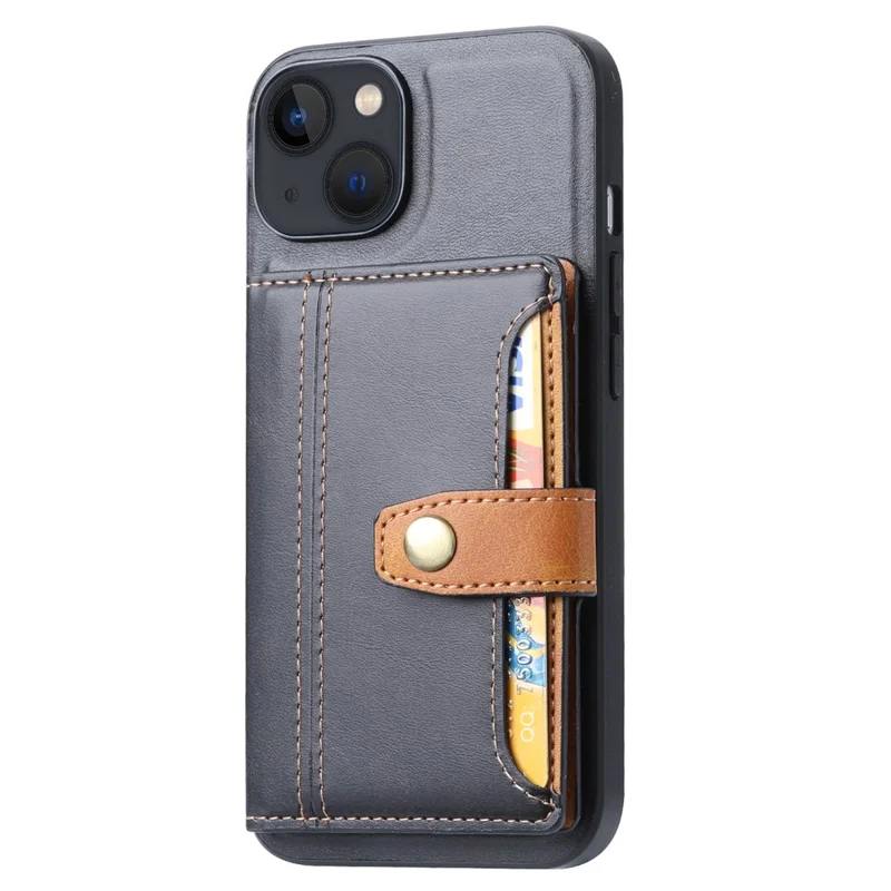Pour iPhone 15 Calf Texture Card Holder Kickstand Phone Case PU Leather Coated TPU Anti-fall Cover - Noir