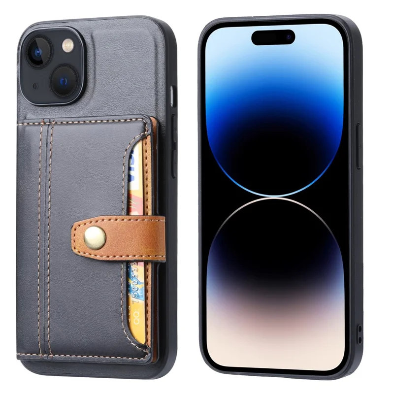 Pour iPhone 15 Calf Texture Card Holder Kickstand Phone Case PU Leather Coated TPU Anti-fall Cover - Noir
