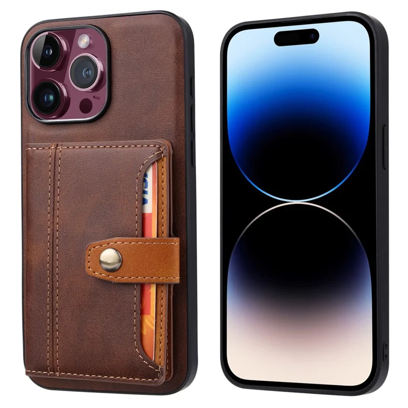 For iPhone 15 Pro Calf Texture PU Leather + TPU Phone Cover Kickstand Card Holder Protective Case - Brown