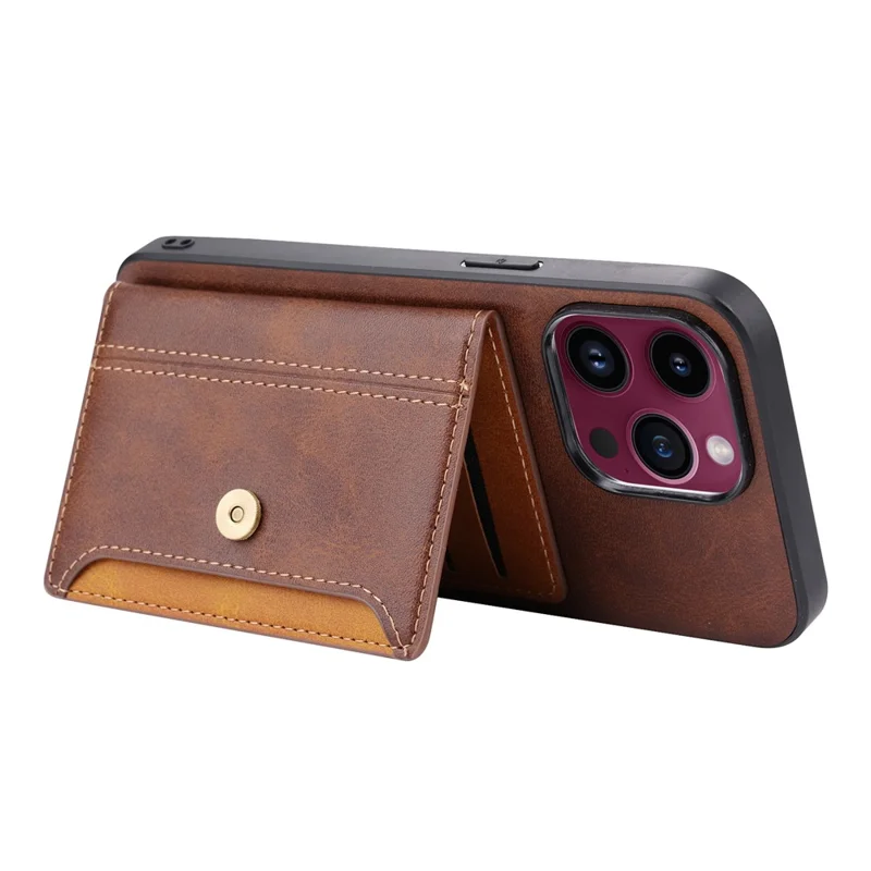 For iPhone 15 Pro Calf Texture PU Leather + TPU Phone Cover Kickstand Card Holder Protective Case - Brown