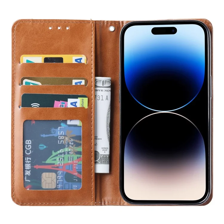 For iPhone 15 Magnetic Closing PU Leather Wallet Phone Cover Drop-proof Stand Case - Light Brown