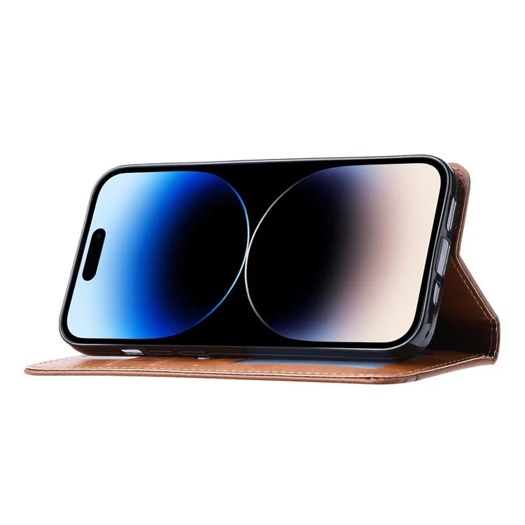 For iPhone 15 Magnetic Closing PU Leather Wallet Phone Cover Drop-proof Stand Case - Light Brown