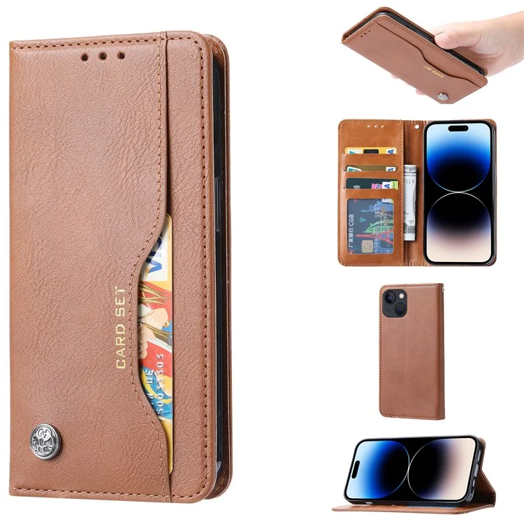 For iPhone 15 Magnetic Closing PU Leather Wallet Phone Cover Drop-proof Stand Case - Light Brown