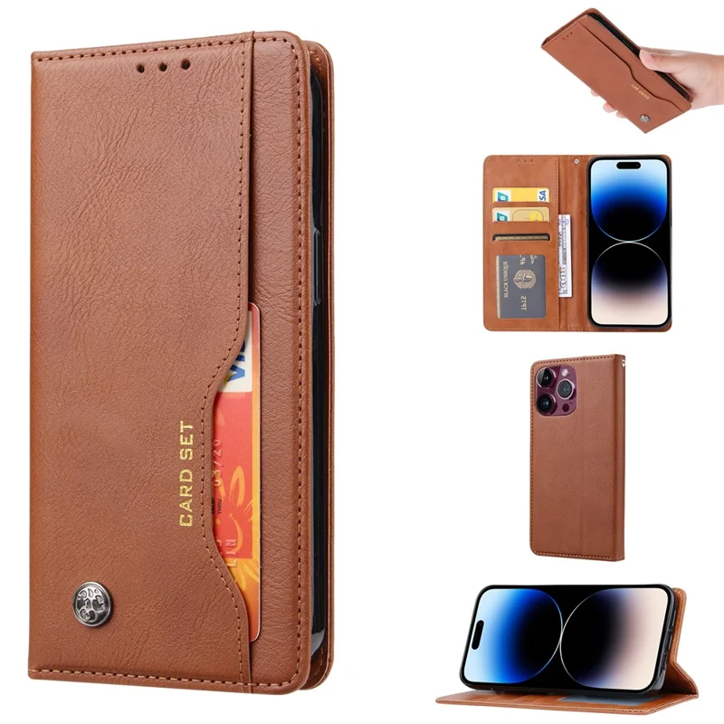 Flip hoesje met leren portemonnee en magnetische sluiting voor iPhone 15 Pro - Lichtbruin