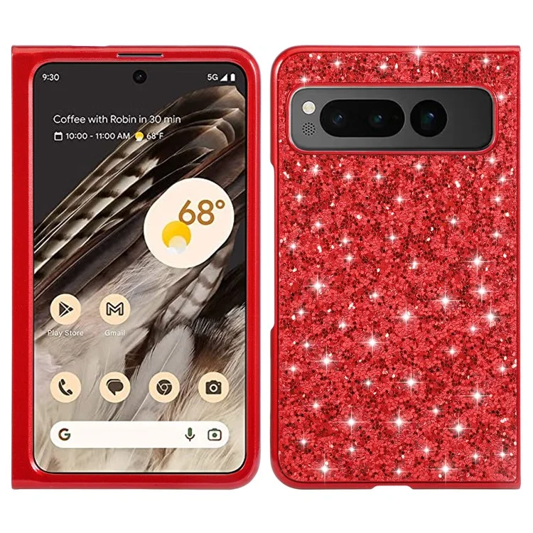 For Google Pixel Fold Electroplating TPU Frame + Hard PC Case Glitter Sequins Cell Phone Case - Red