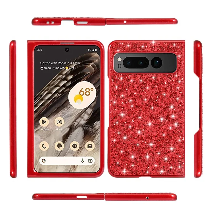 For Google Pixel Fold Electroplating TPU Frame + Hard PC Case Glitter Sequins Cell Phone Case - Red