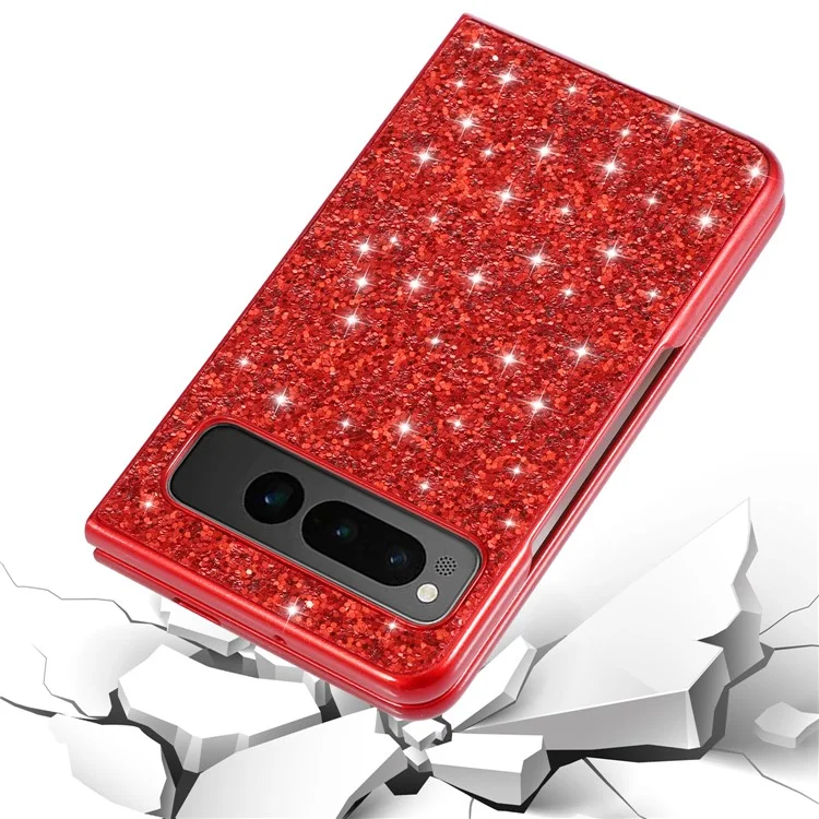 For Google Pixel Fold Electroplating TPU Frame + Hard PC Case Glitter Sequins Cell Phone Case - Red