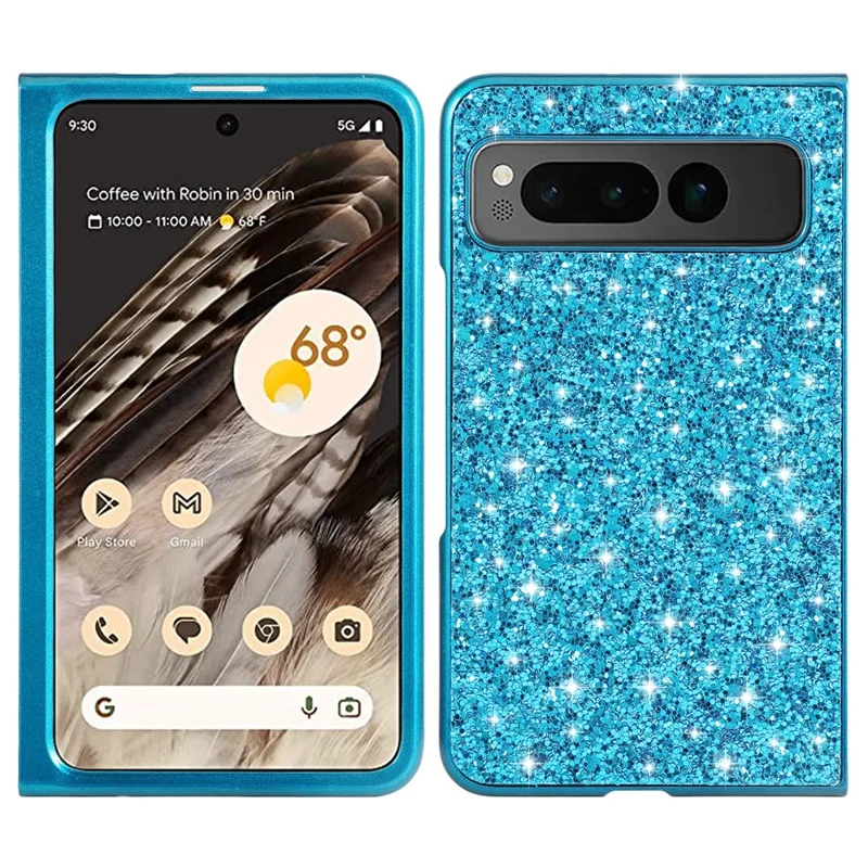 For Google Pixel Fold Electroplating TPU Frame + Hard PC Case Glitter Sequins Cell Phone Case - Blue