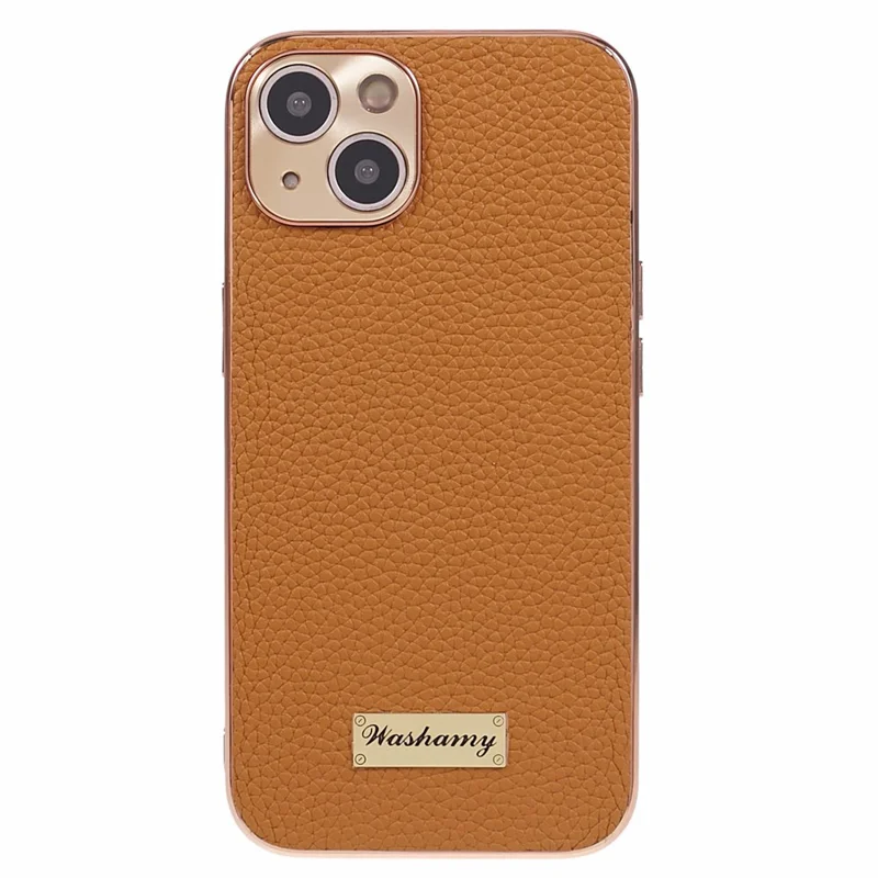 Per iPhone 14 Genuine Cow Leather+TPU+PC Phone Case Cornice Elettroplaccata Taglio Preciso Protezione Copertura - Marrone