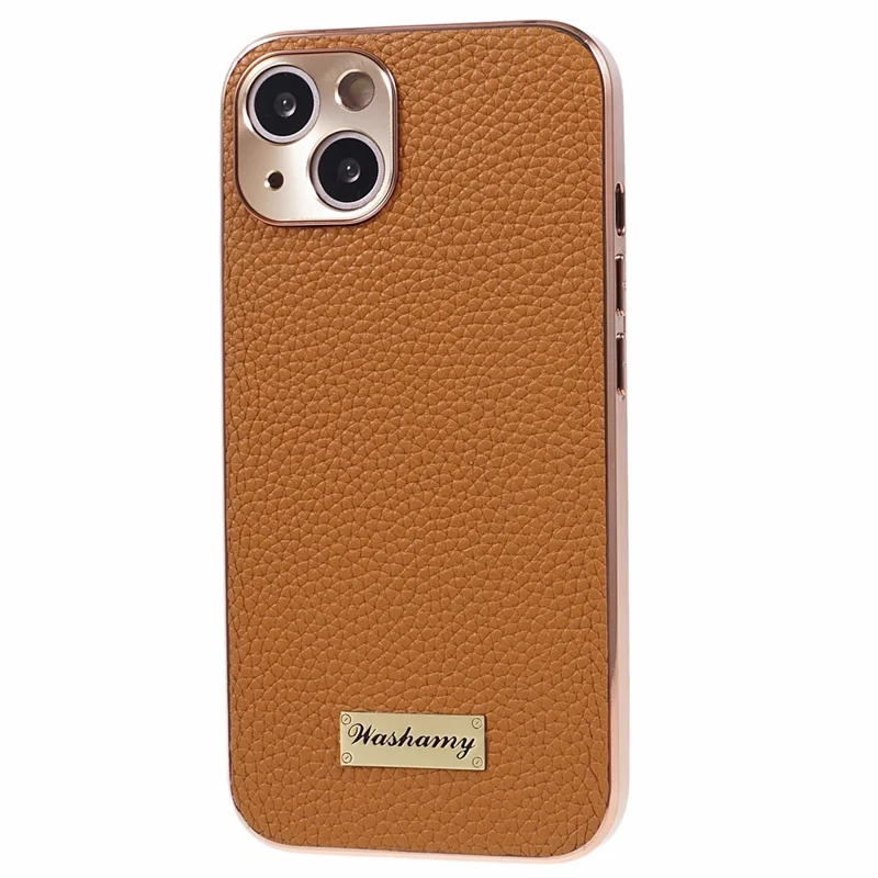 Per iPhone 14 Genuine Cow Leather+TPU+PC Phone Case Cornice Elettroplaccata Taglio Preciso Protezione Copertura - Marrone