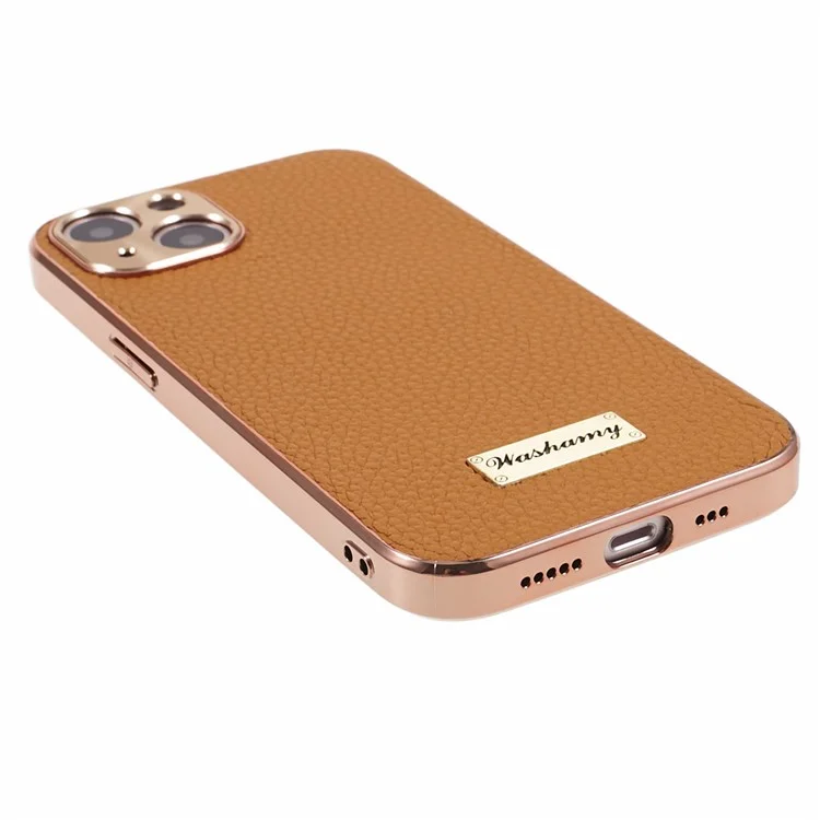 Per iPhone 14 Genuine Cow Leather+TPU+PC Phone Case Cornice Elettroplaccata Taglio Preciso Protezione Copertura - Marrone