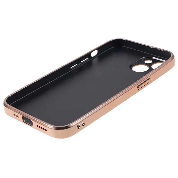 Per iPhone 14 Genuine Cow Leather+TPU+PC Phone Case Cornice Elettroplaccata Taglio Preciso Protezione Copertura - Marrone