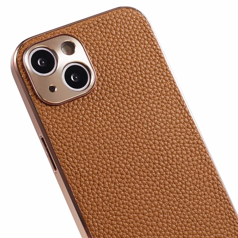 Pour iPhone 13 6.1 pouces Genuine Cow Leather+PC+TPU Cell Phone Case Electroplating Frame Phone Cover - Marron