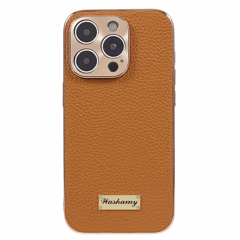 Electroplating Phone Cover for iPhone 13 Pro , Genuine Cow Leather+PC+TPU Cell Phone Case - Brown