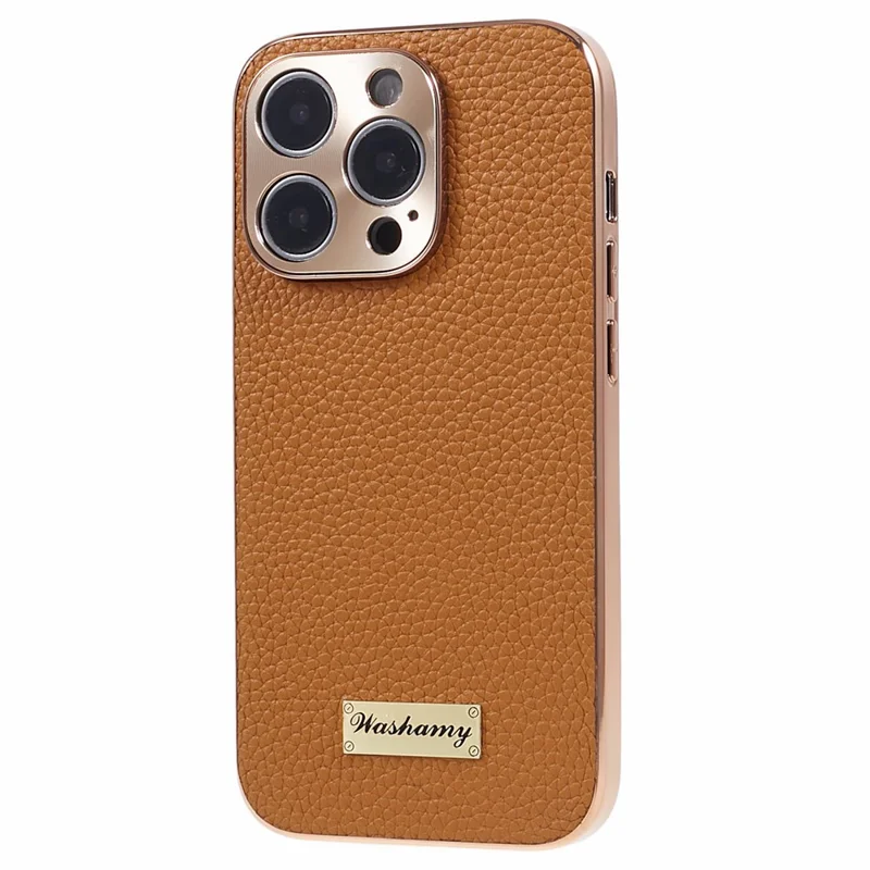 Electroplating Phone Cover for iPhone 13 Pro , Genuine Cow Leather+PC+TPU Cell Phone Case - Brown