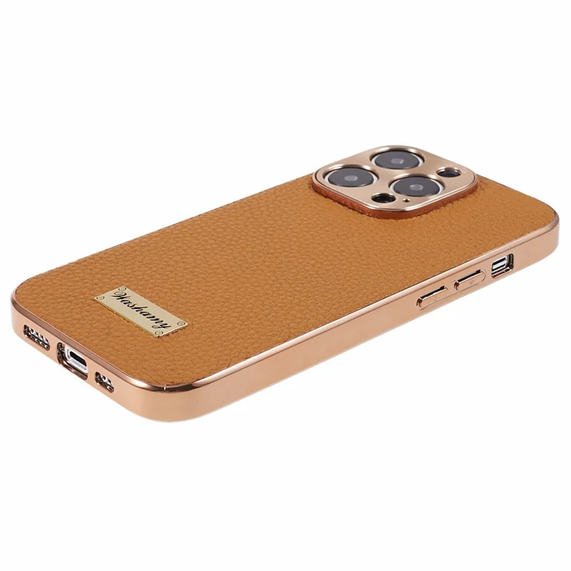 Electroplating Phone Cover for iPhone 13 Pro , Genuine Cow Leather+PC+TPU Cell Phone Case - Brown