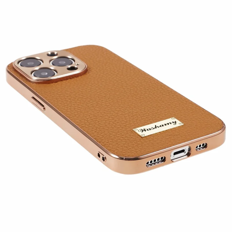 Electroplating Phone Cover for iPhone 13 Pro , Genuine Cow Leather+PC+TPU Cell Phone Case - Brown