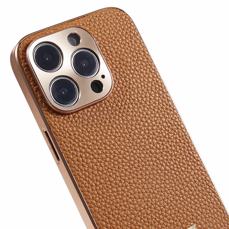 Electroplating Phone Cover for iPhone 13 Pro , Genuine Cow Leather+PC+TPU Cell Phone Case - Brown
