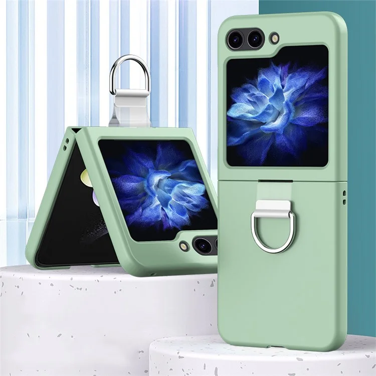 Для Samsung Galaxy Z Flip5 5G Hard PC Skin-touch Phone Case Metal Ring Holder Anti-Slip Cover - Light Green