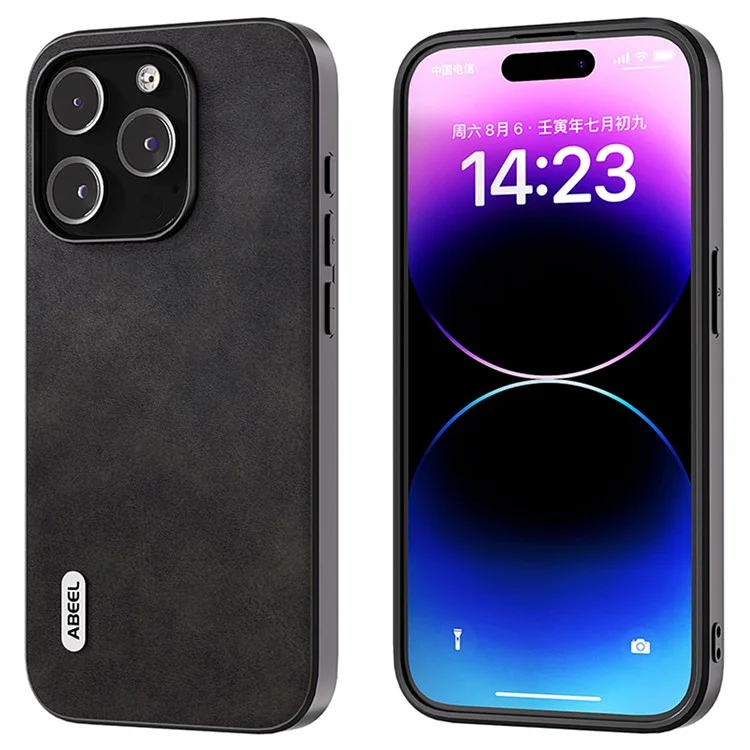 Funda protectora ABEEL para iPhone 15 Pro, de cuero de vaca con textura, revestida de TPU - Negro
