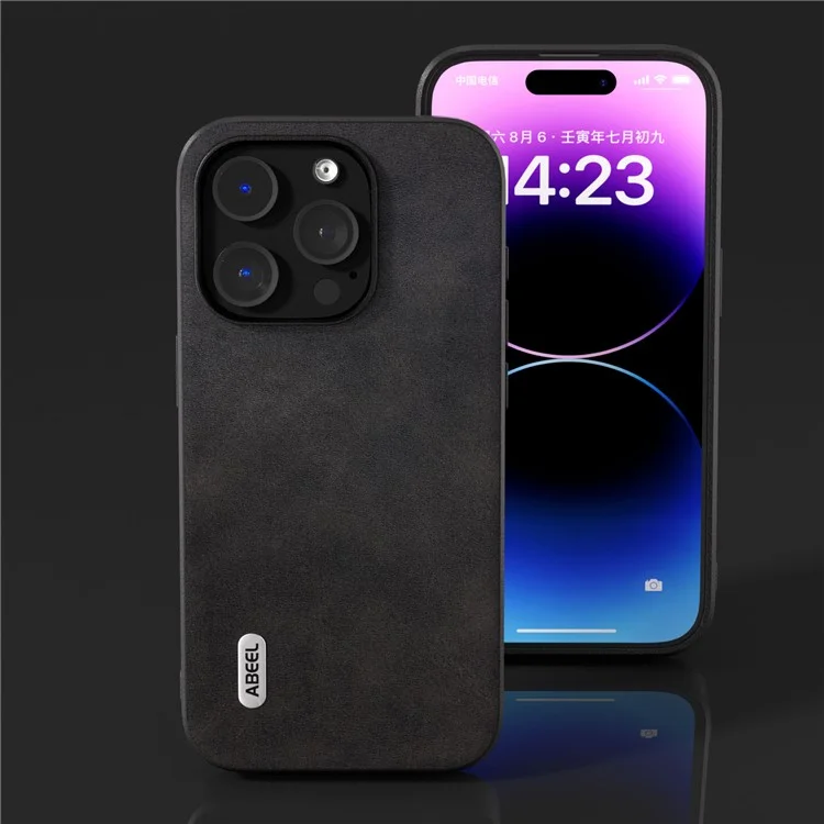 Funda protectora ABEEL para iPhone 15 Pro, de cuero de vaca con textura, revestida de TPU - Negro