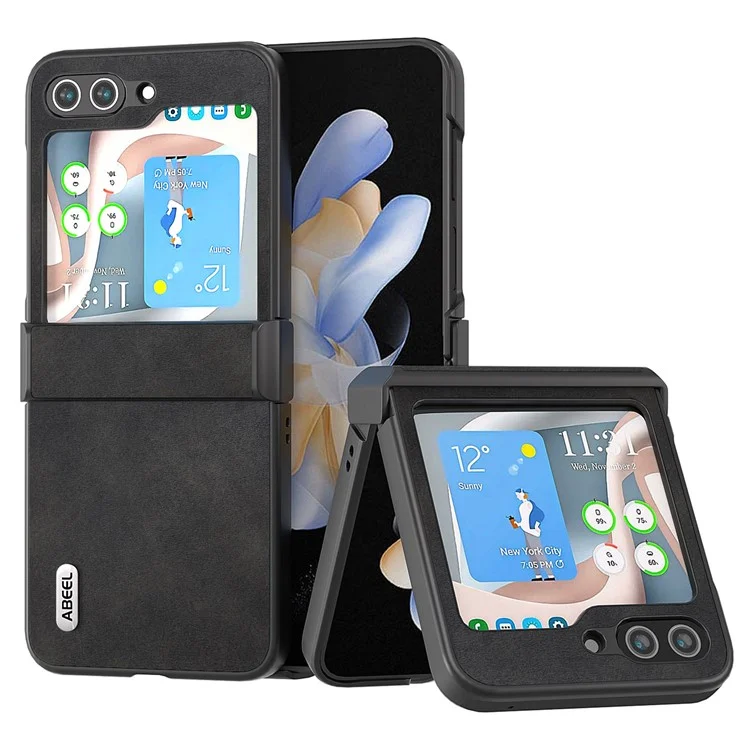 ABEEL Für Samsung Galaxy Z Flip5 5G PU Leder + PC Handyhülle Rindsleder-Textur Scharnierschutz Cover - Schwarz
