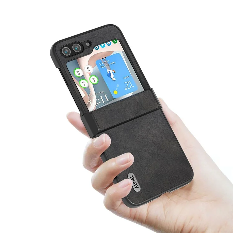 ABEEL Für Samsung Galaxy Z Flip5 5G PU Leder + PC Handyhülle Rindsleder-Textur Scharnierschutz Cover - Schwarz