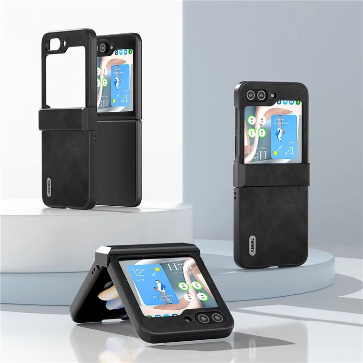 ABEEL Für Samsung Galaxy Z Flip5 5G PU Leder + PC Handyhülle Rindsleder-Textur Scharnierschutz Cover - Schwarz