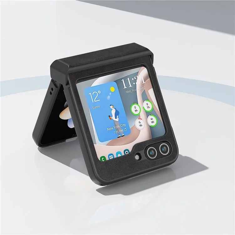 ABEEL Für Samsung Galaxy Z Flip5 5G PU Leder + PC Handyhülle Rindsleder-Textur Scharnierschutz Cover - Schwarz