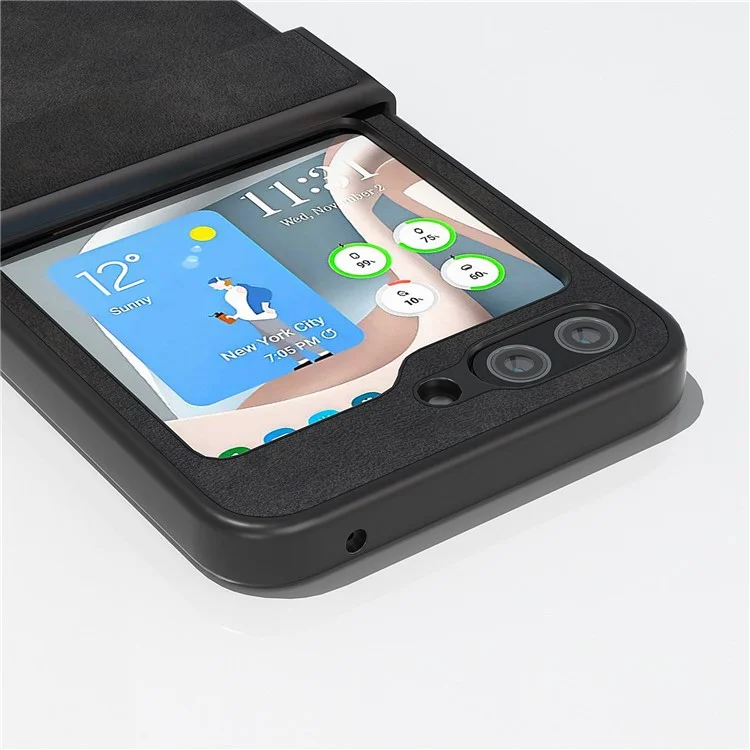 ABEEL Für Samsung Galaxy Z Flip5 5G PU Leder + PC Handyhülle Rindsleder-Textur Scharnierschutz Cover - Schwarz