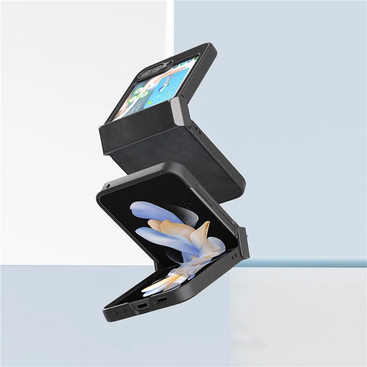 ABEEL Für Samsung Galaxy Z Flip5 5G PU Leder + PC Handyhülle Rindsleder-Textur Scharnierschutz Cover - Schwarz