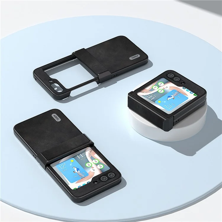 ABEEL Für Samsung Galaxy Z Flip5 5G PU Leder + PC Handyhülle Rindsleder-Textur Scharnierschutz Cover - Schwarz