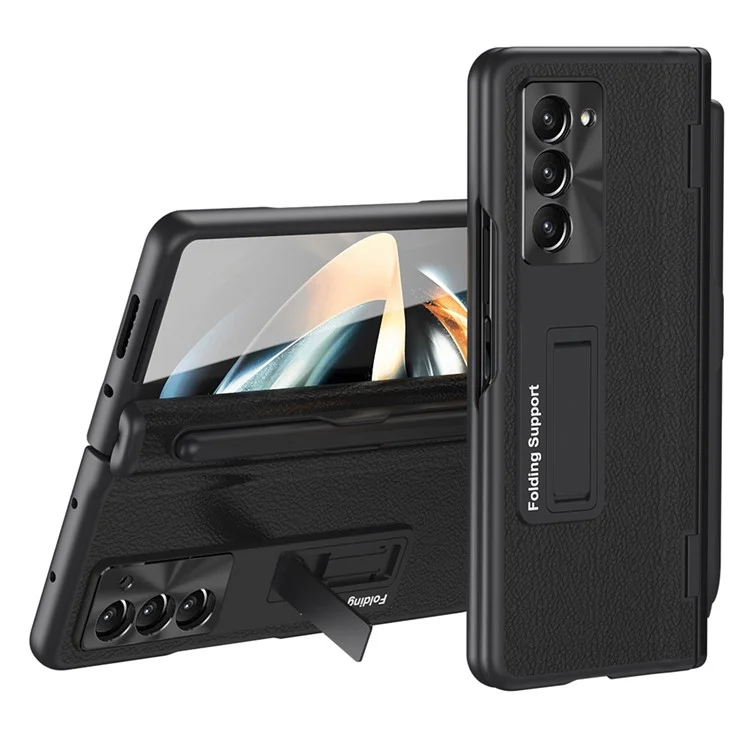 Pour Samsung Galaxy Z Fold5 5G Kickstand Case Hinge Protection PU Leather PC Cover with Tempered Glass Film, Pen - Black