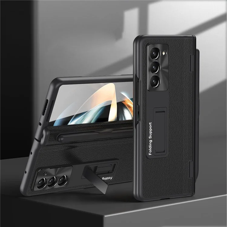 Pour Samsung Galaxy Z Fold5 5G Kickstand Case Hinge Protection PU Leather PC Cover with Tempered Glass Film, Pen - Black