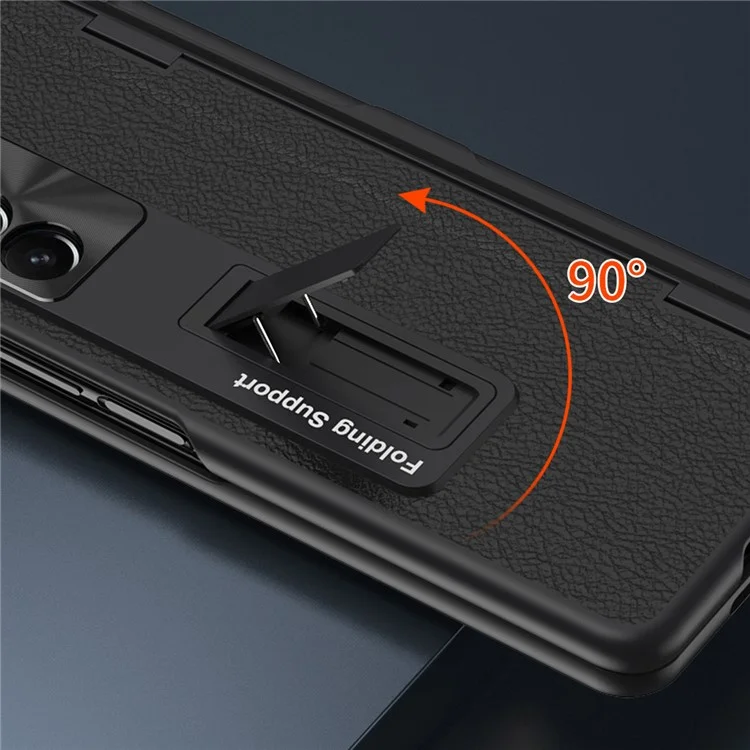 Pour Samsung Galaxy Z Fold5 5G Kickstand Case Hinge Protection PU Leather PC Cover with Tempered Glass Film, Pen - Black
