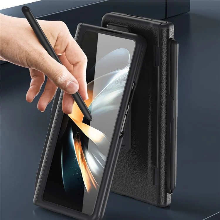 Pour Samsung Galaxy Z Fold5 5G Kickstand Case Hinge Protection PU Leather PC Cover with Tempered Glass Film, Pen - Black