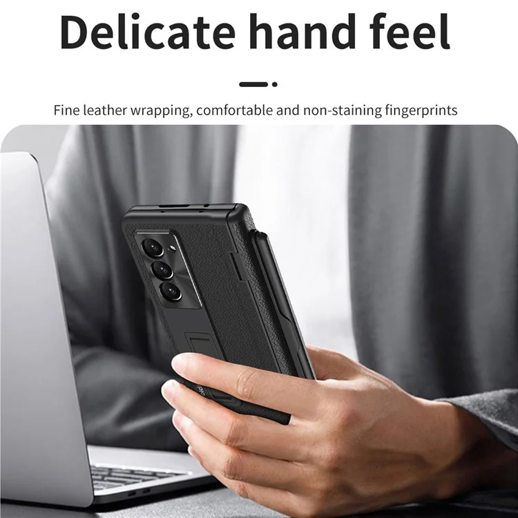 Pour Samsung Galaxy Z Fold5 5G Kickstand Case Hinge Protection PU Leather PC Cover with Tempered Glass Film, Pen - Black