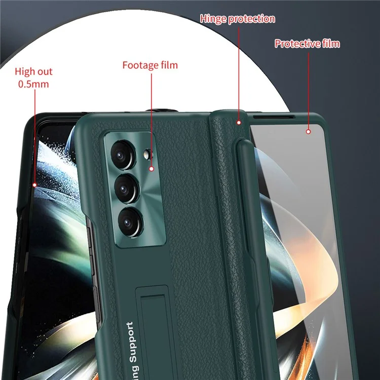 Pour Samsung Galaxy Z Fold5 5G Kickstand Case Hinge Protection PU Leather PC Cover with Tempered Glass Film, Pen - Black