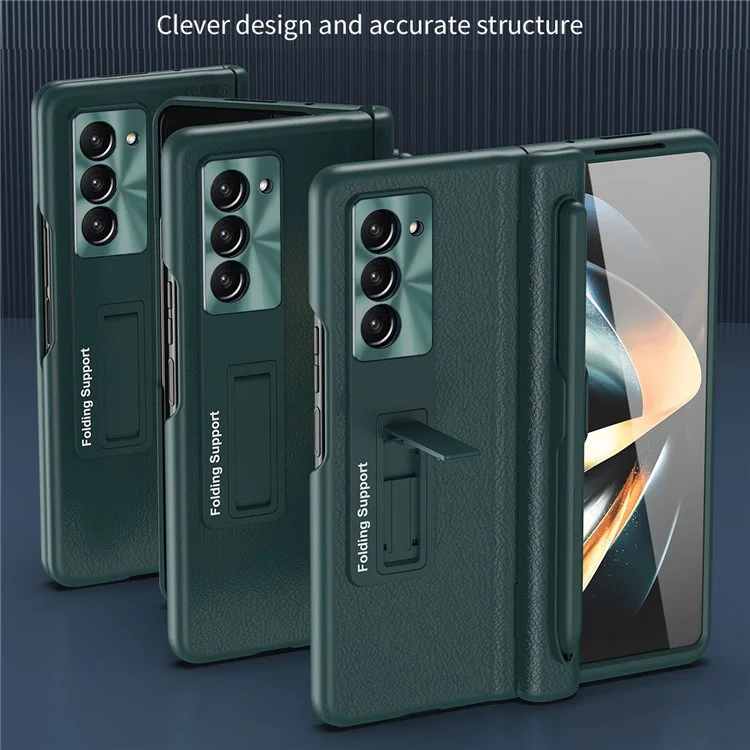 Pour Samsung Galaxy Z Fold5 5G Kickstand Case Hinge Protection PU Leather PC Cover with Tempered Glass Film, Pen - Black
