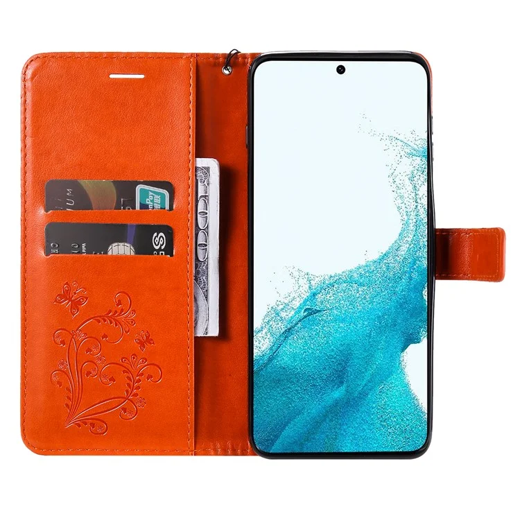 For Samsung Galaxy S23 FE Wallet Case Floral Butterfly Imprinted Leather Phone Cover Stand - Orange
