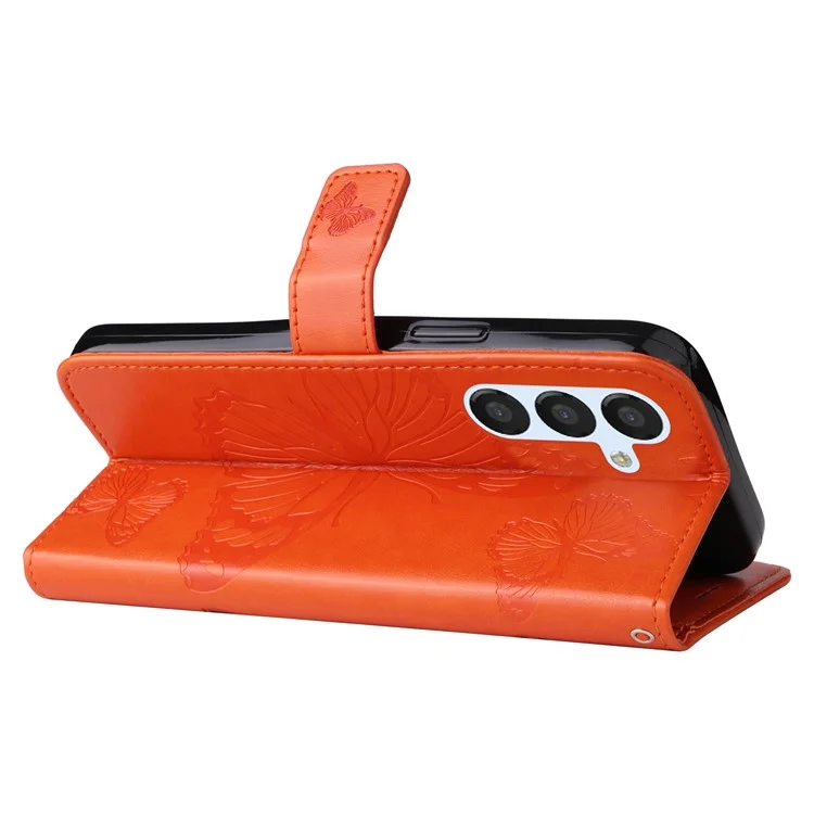 For Samsung Galaxy S23 FE Wallet Case Floral Butterfly Imprinted Leather Phone Cover Stand - Orange