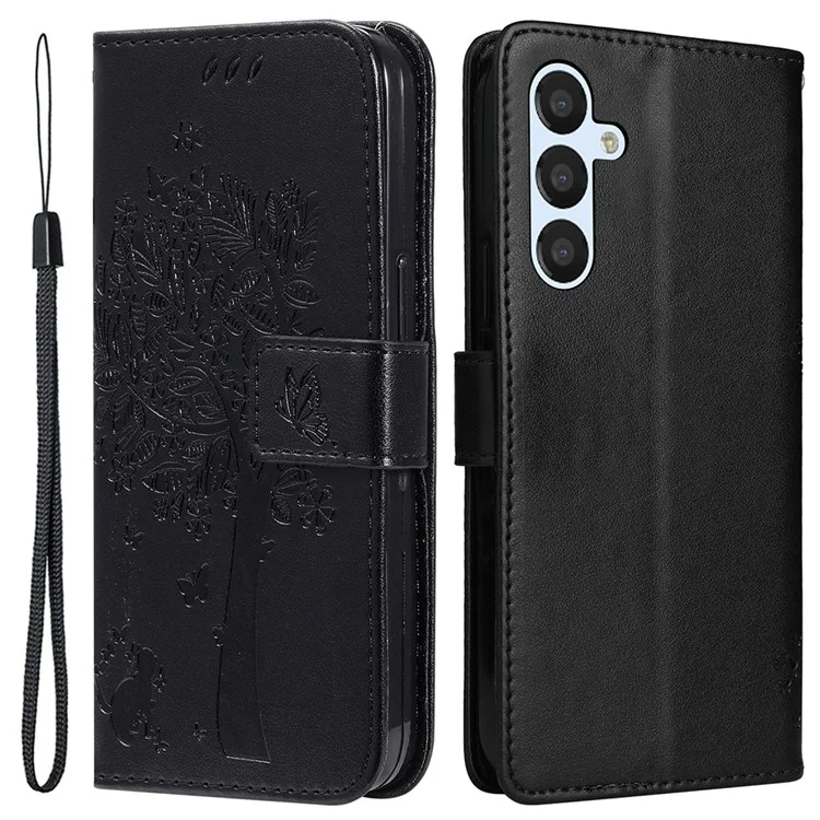 For Samsung Galaxy A25 5G (Global) (161.0 x 76.5 x 8.3mm) Phone Case with Stand Cat Tree Pattern Leather Wallet Mobile Cover  - Black