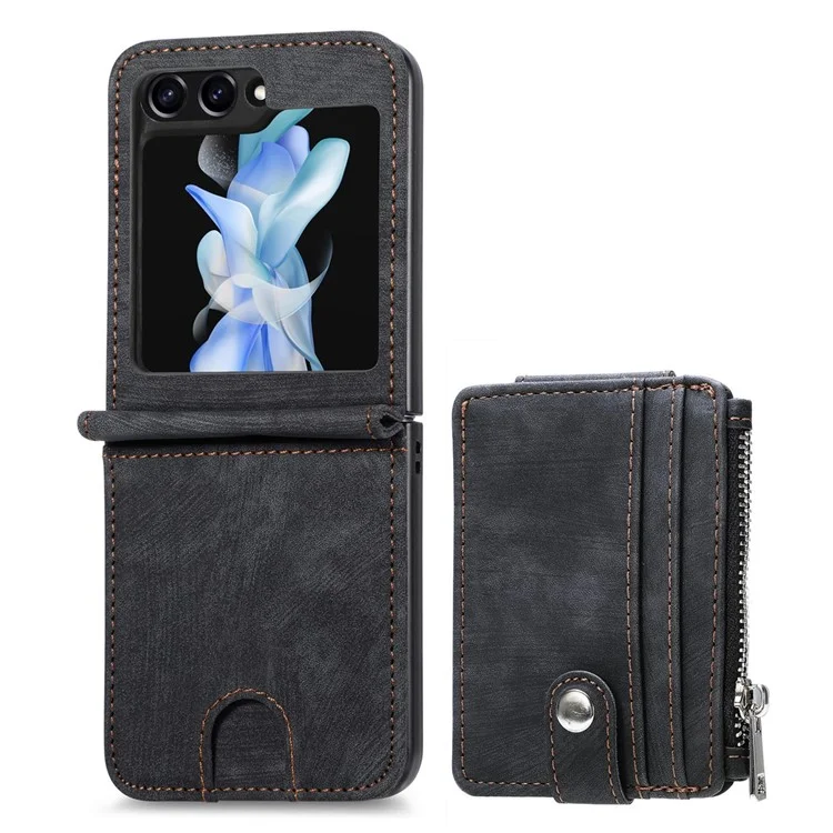 JUNSUNMAY For Samsung Galaxy Z Flip5 5G Zippered Wallet Phone Case Shockproof PU Leather PC Kickstand Cover - Black